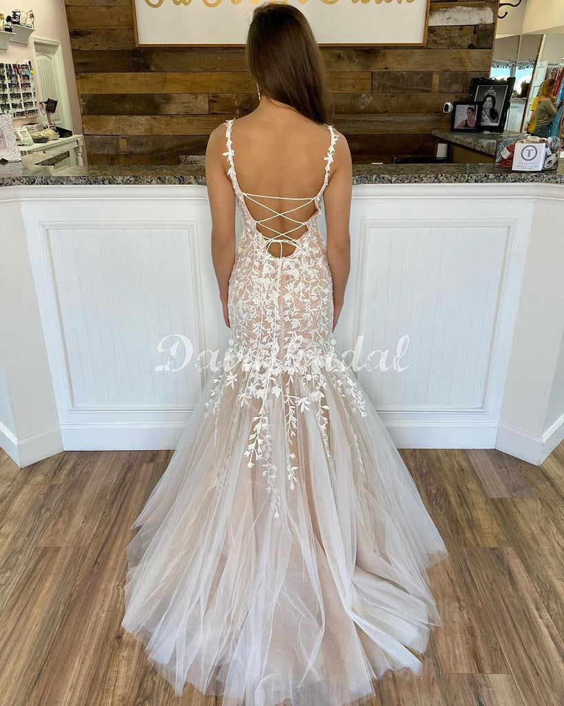 New Arrival Mermaid Lace Cross Back Sleeveless Long Prom Dresses, FC4431