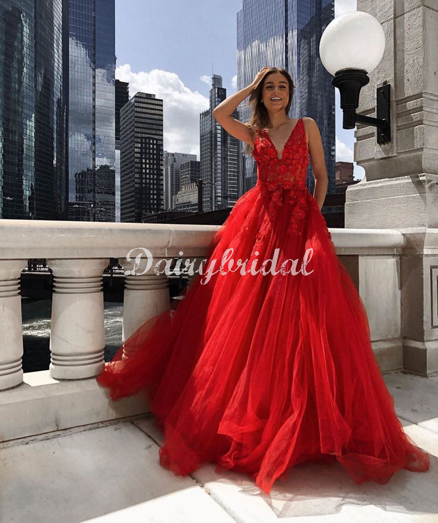 Red Charming A-line Tulle V-neck Sleeveless Appliques Prom Dresses, FC4471