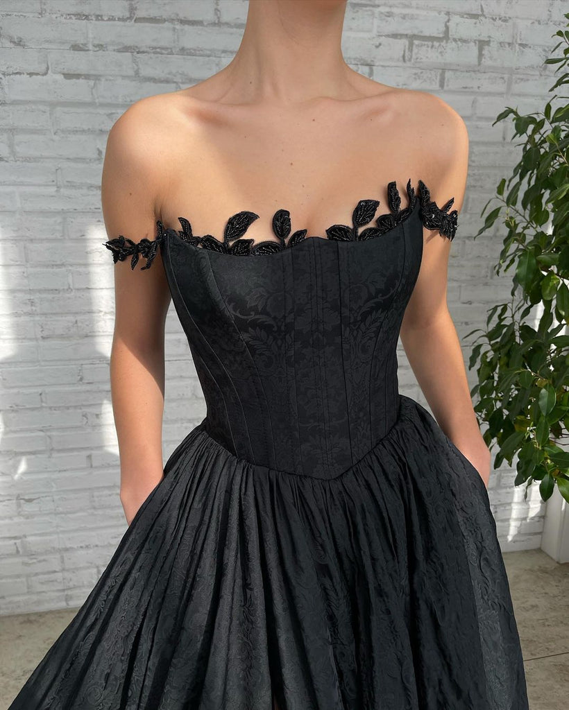 Black Off Shoulder Lace A-line Satin Backless Prom Dresses, FC6519