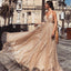 Sparkle Sequin Tulle V-Neck Prom Dresses, Sexy Golden Backless Prom Dresses, D923