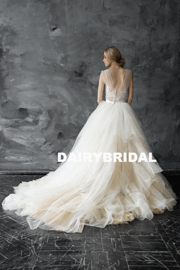 Long A-Line Tulle Wedding Dresses, Applique Honest Floor-length Wedding Dresses, D896