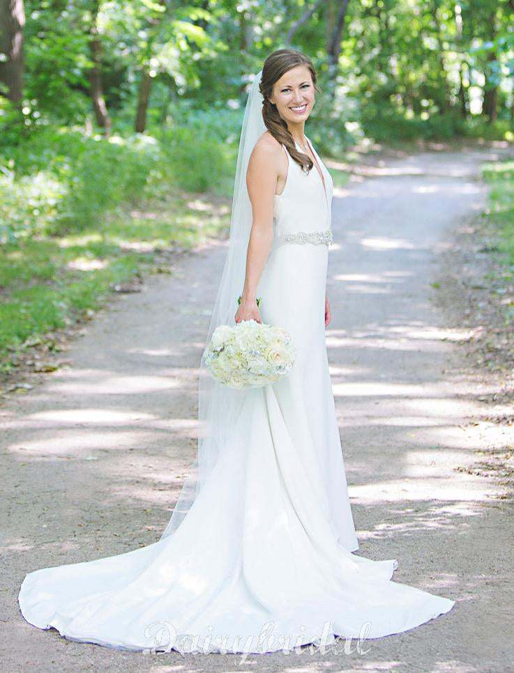 Vintage White Open-Back Mermaid Sleeveless Satin Chiffon Wedding Dresses, FC1530