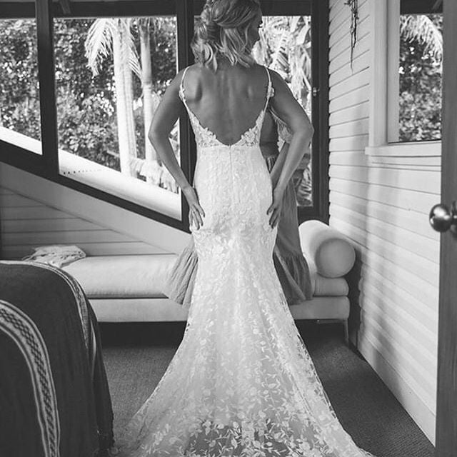 Spaghetti Straps Mermaid Sexy Backless Slit Lace Wedding Dress, FC2380