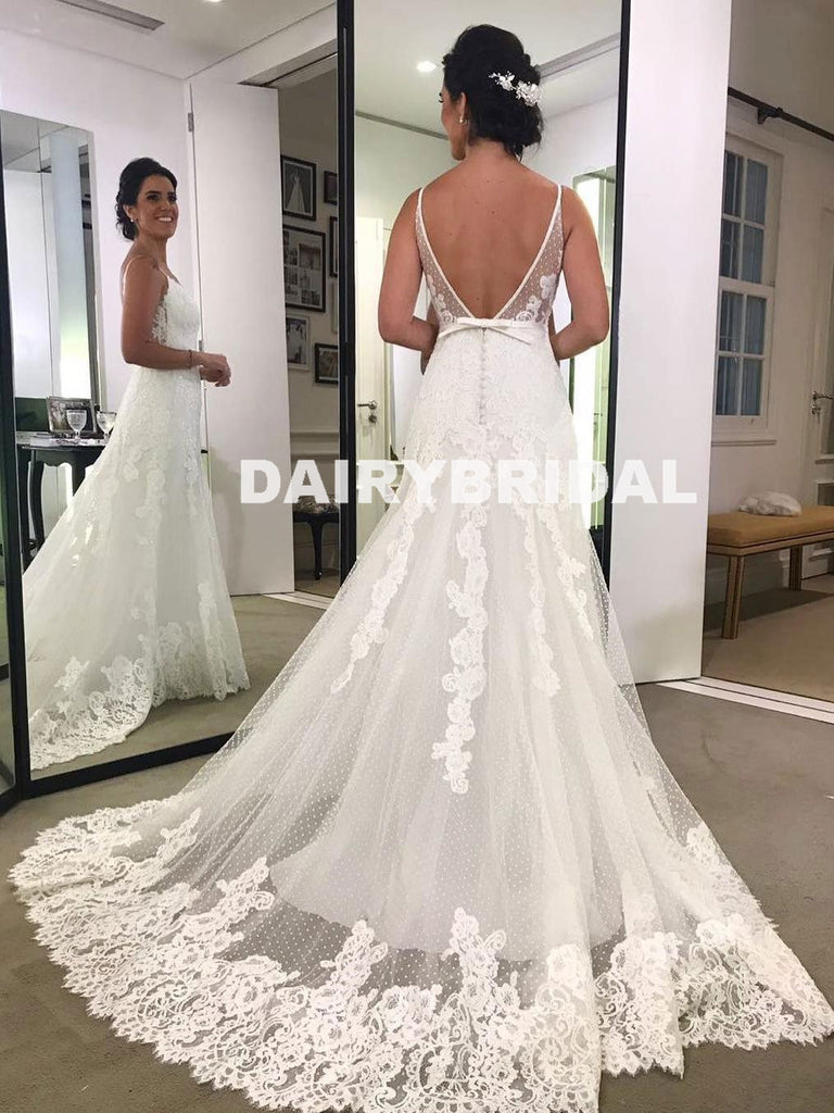 Sexy V-Back A-Line Wedding Dress, Vintage Lace Spagehtti Straps Wedding Dress, D1052