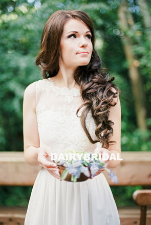 Inexpensive A-Line Satin Chiffon Wedding Dress, Applique Sleeveless Cheap Bridal Dress, D1327