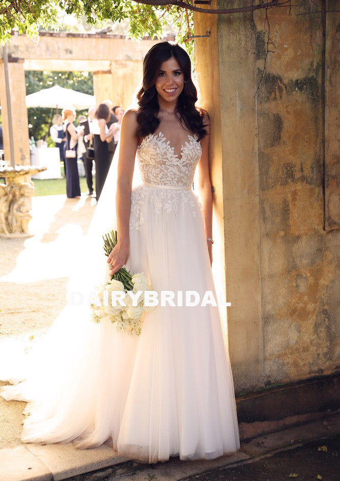 Charming A-Line Tulle Wedding Dress, Elegant Sleeveless Applique Bridal Dress, D1337