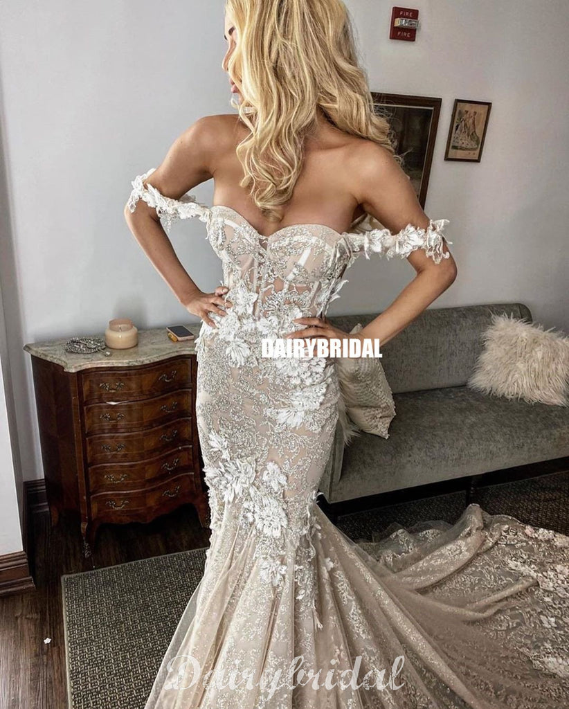 Off Shoulder Lace Mermaid Backless Sweetheart Wedding Dress, FC4686